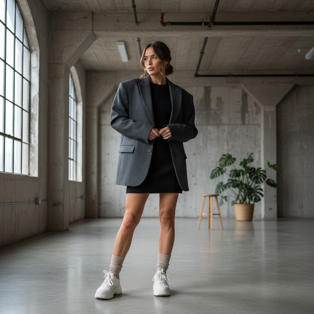 Model in an industrial loft wearing nbdnet tailoring