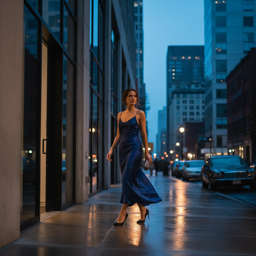 Model outside a gallery in a sharp evening look