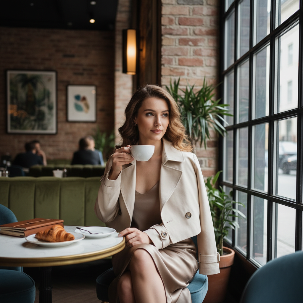 Model sitting in a downtown cafe wearing a slip dress