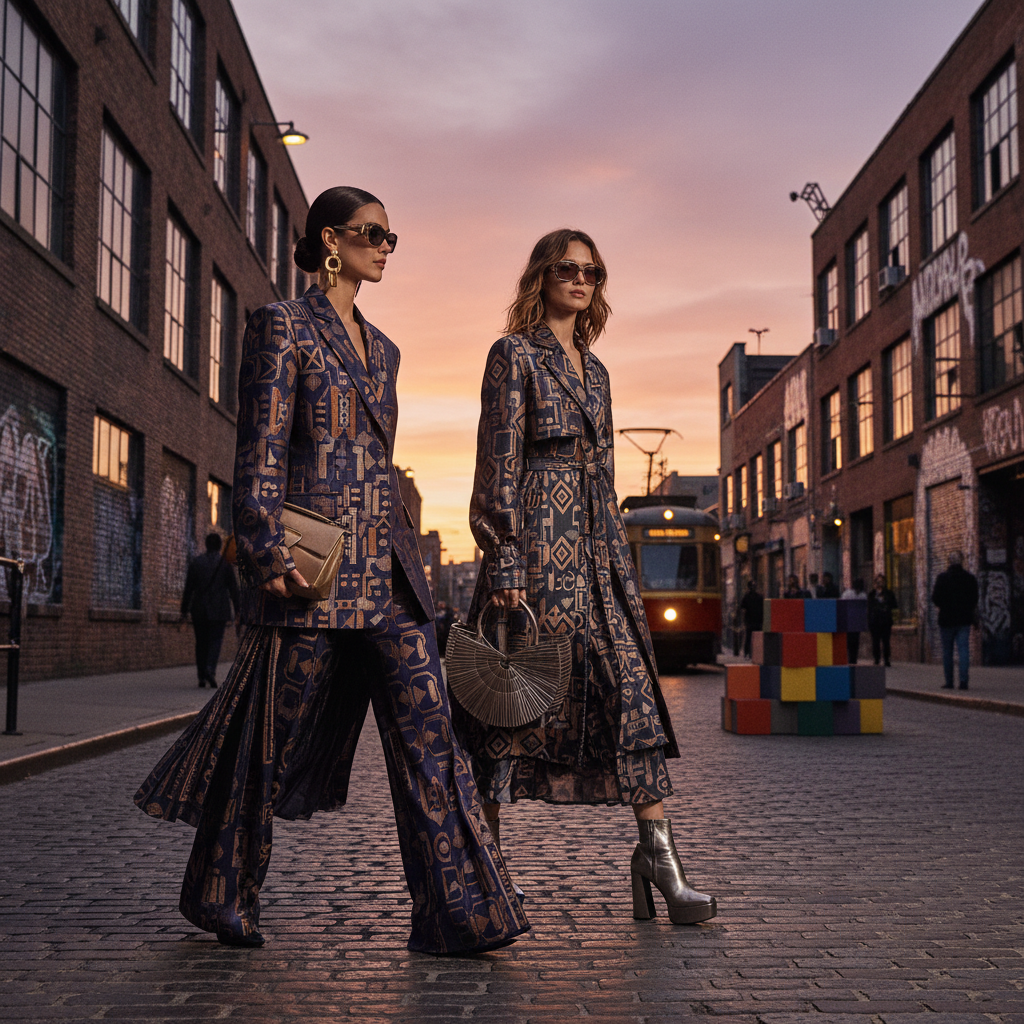 Two women in layered streetwear looks at dusk